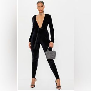 Black Velvet Deep Plunge Tie Waist Jumpsuit-From PrettyLittleThing, Never worn